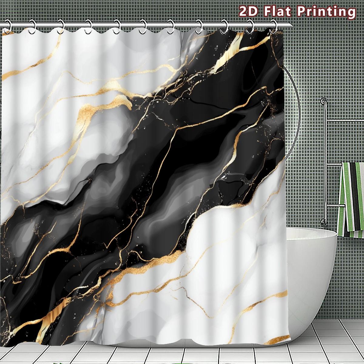 4PCS Marble Shower Curtain set, Black White and Gold Marble Bathroom Decor, Accessories with Bath Mat, U-shaped Mat, Toilet Lid Cover, 12 Hooks 180x180cm Curtain, Luxury Stone Aesthetic, Home Decor, bathroom accessories