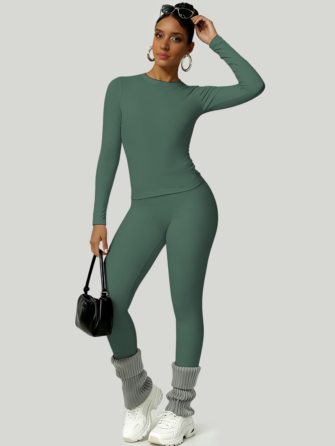 Women's Simple Solid Color Sportswear Set, Comfortable T-Shirt & Slimming Leggings, Perfect for Fall Winter Yoga & Daily Wear, Athleisure Wear Set, Yoga Gym Outfits