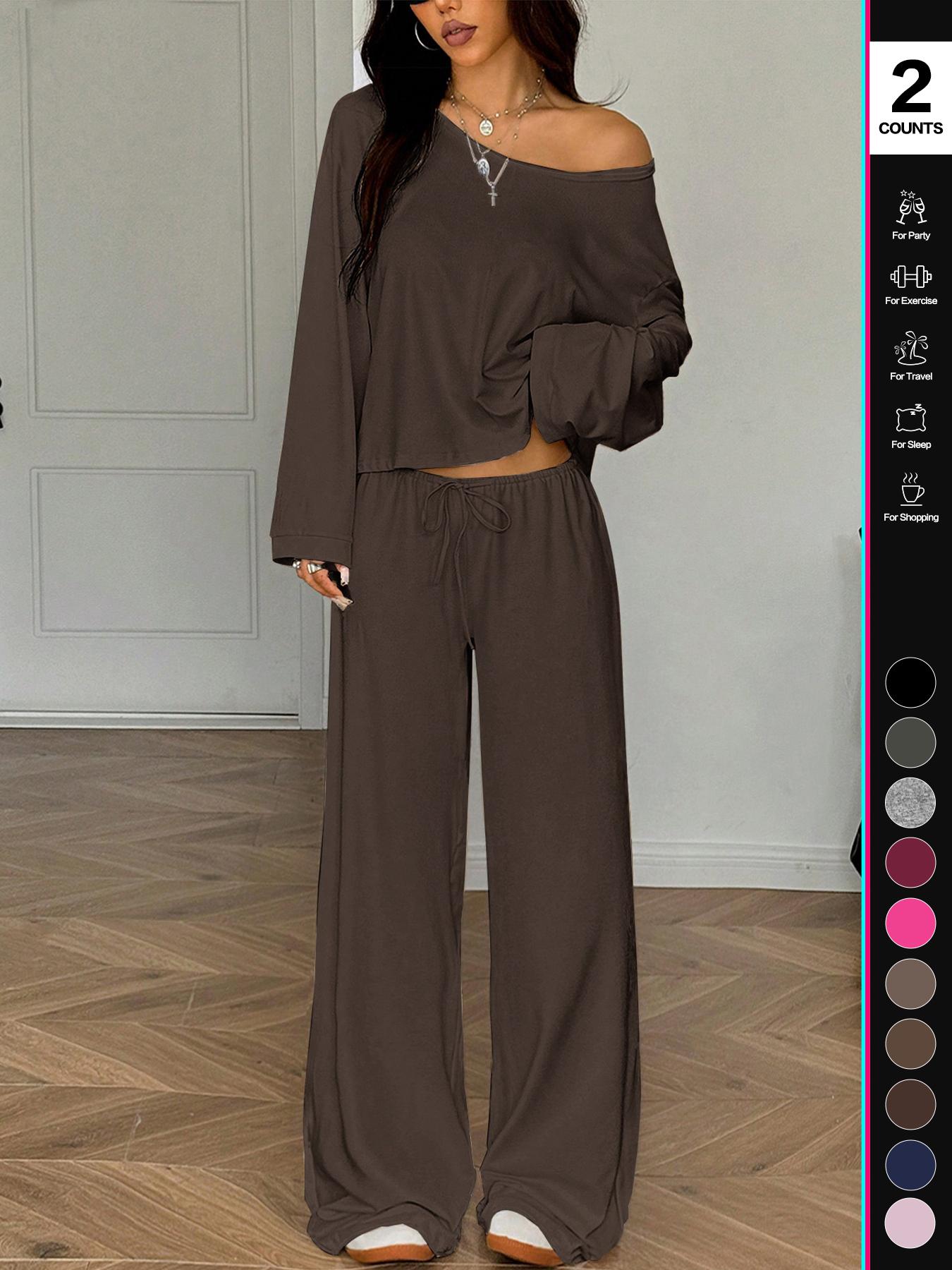 2026 Women's Two-Piece Set, Casual Breathable Long Sleeve Top and Elastic Waist Pants, All-Season Basic Sleepwear, Comfortable Loungewear