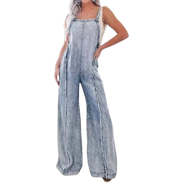 CHARTOU women's loose denim jumpsuit brushed and worn denim workwear adjustable shoulder straps wide leg jumpsuit
