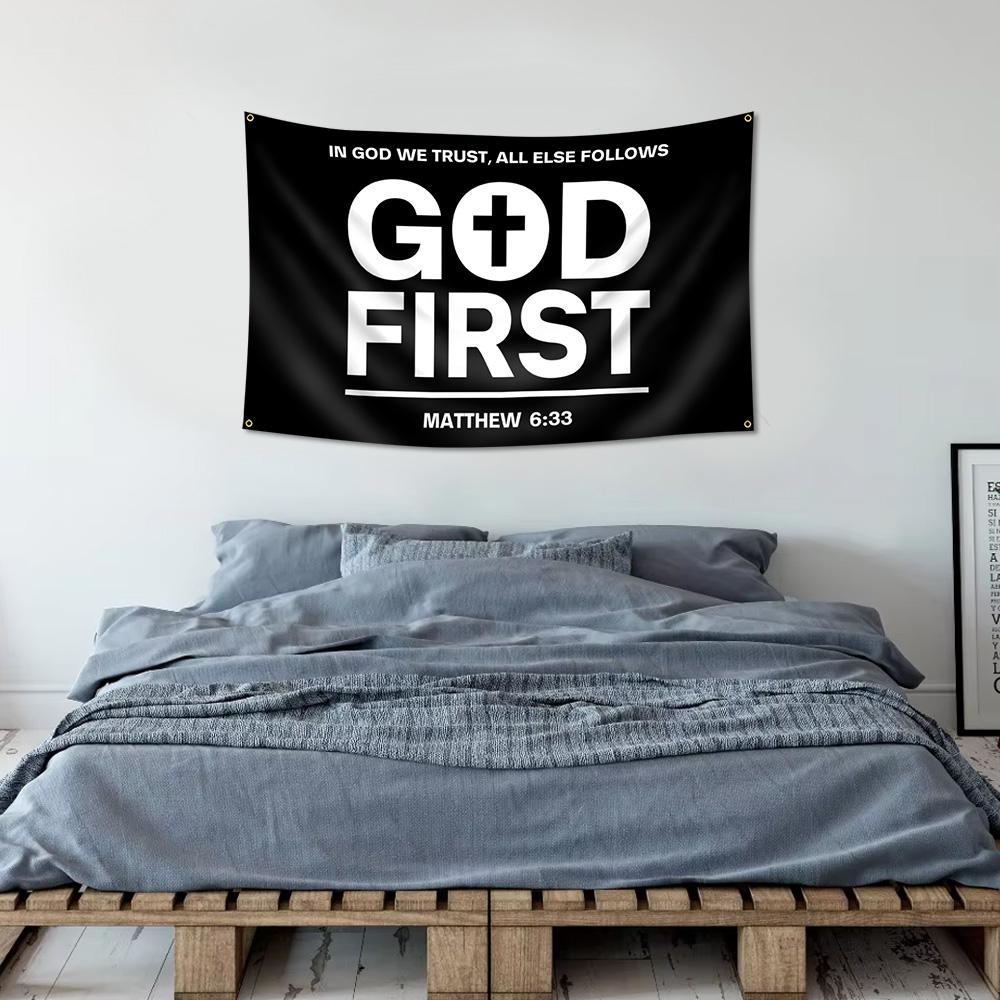 GOD FIRST Flag 150x90cm  Single Sided Flag with 4 Brass Grommets - Jesus Christ American Polyester Flags for Outside or Inside -Christian Jesus Bedroom Wall Decor Jesus flag,Christmas Banner, Outdoor Balcony Yard Decor, Holiday Party Decorations Banners