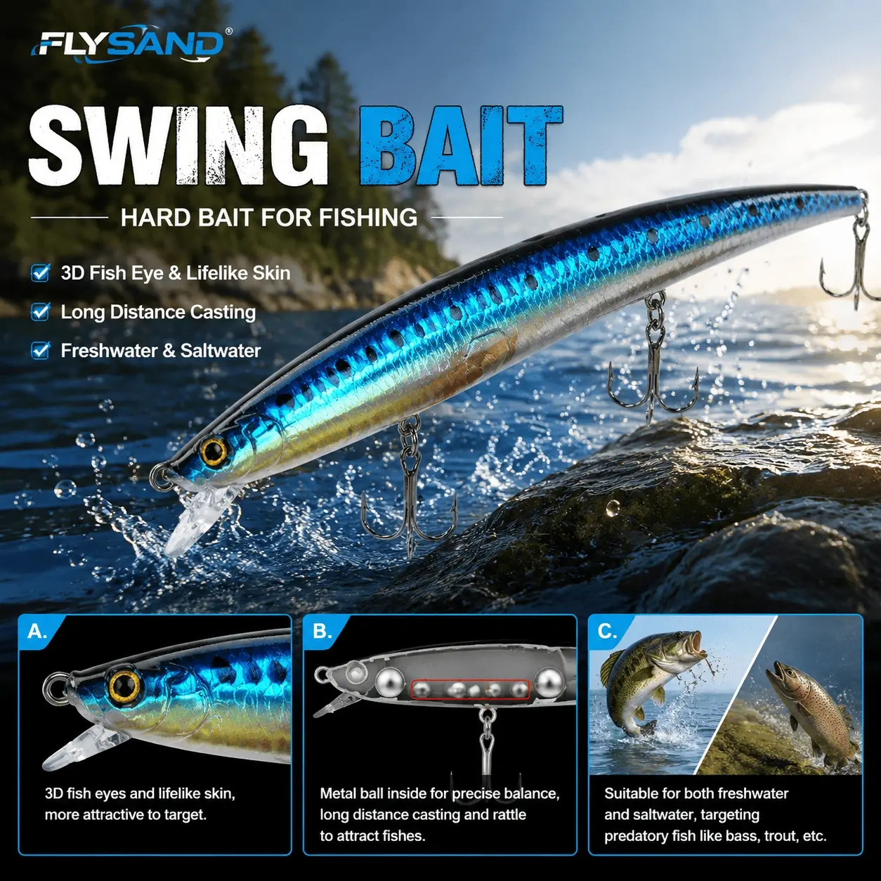 18cm 24g Large Laser Minnow Hard Bait Swimbait Kit, Realistic 3D Eyes Laser Scales, Sinking Lure for Freshwater Saltwater Boat Rock Fishing, Long Cast Metal Fishing Tackle