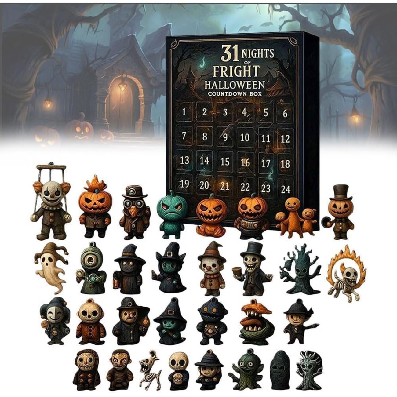 Halloween 31 Night Countdown Calendar Gift Box, 31 Collectible Horror Dolls, Daily Door Decor for Parties, Plastic Material, Spooky Holiday Decoration