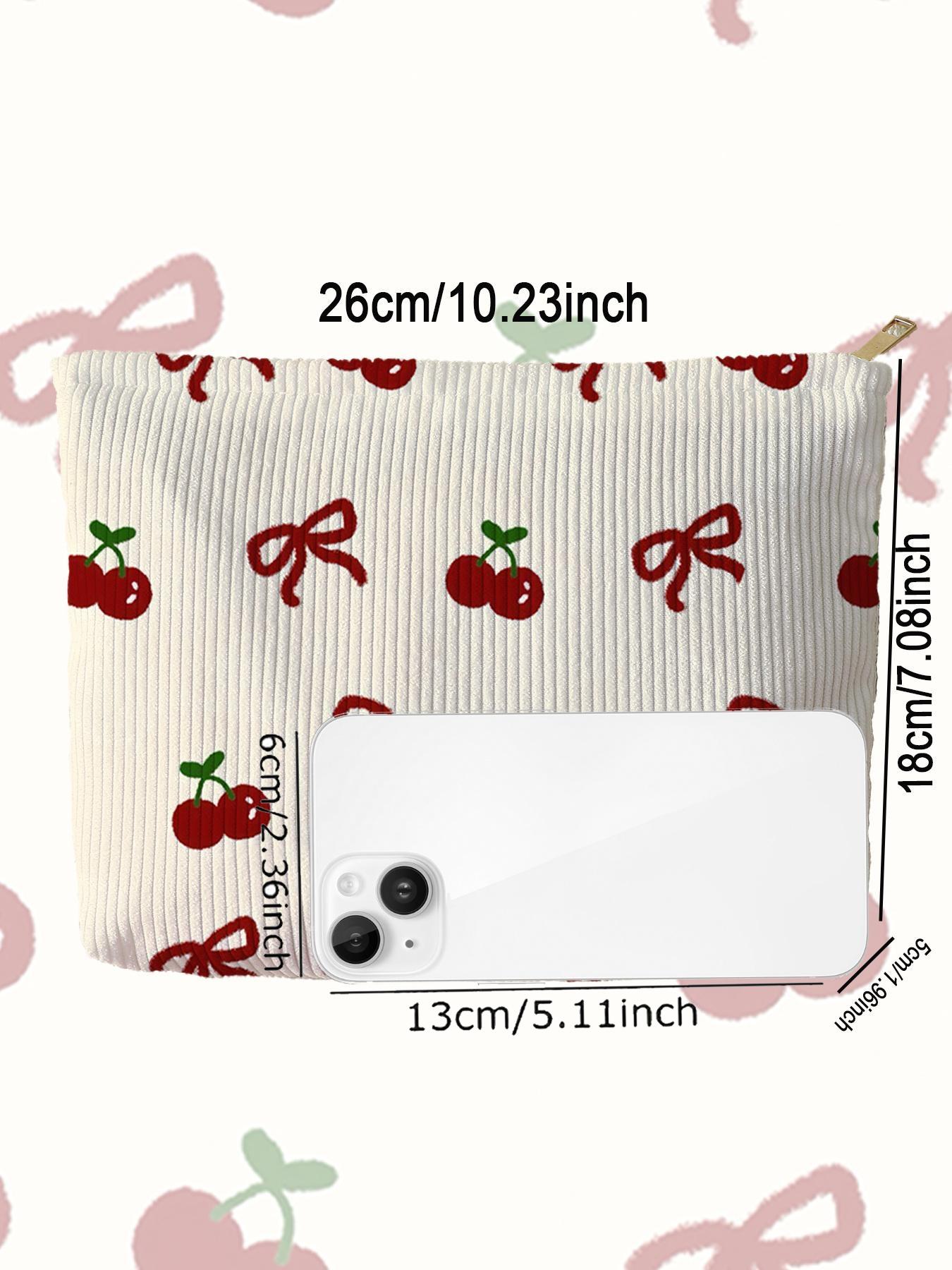 Cherry & Bow Pattern Makeup Bag, Lightweight Multi-functional Fashion Makeup Bag, Casual Travel Makeup Bag, Suitable for Leisure Travel and Various Occasions, Travel Cosmetic Bags, Makeup Pouch, Makeup Organizer Pouch, Travel Essentials, Travel Beauty Bag