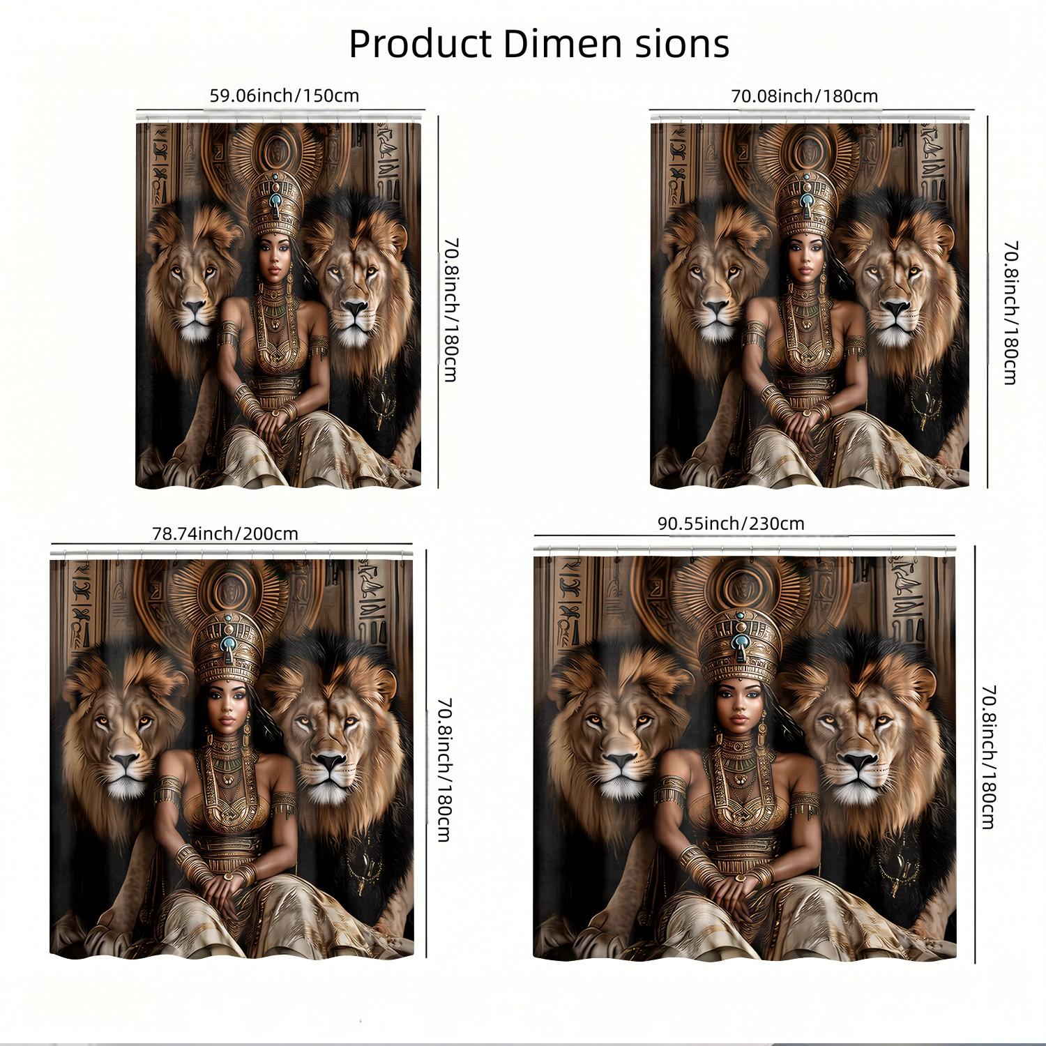 1pcs Luxury Ancient Egypt Queen and Lion Guardians Bathroom Printed Shower Curtain, Elegant Print Shades, Royal Golden Goddess Bath Backdrop, Ethnic Wall Art Hanging