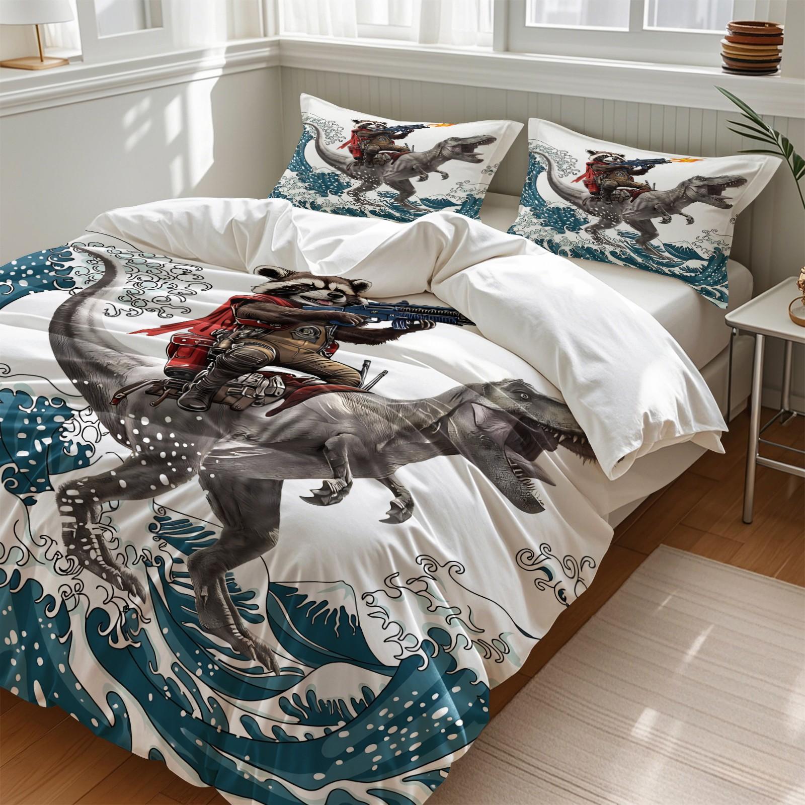 3Pcs Raccoon Dinosaur Duvet Cover Set, 1 Duvet Cover + 1/2 Pillowcases, 3D Cartoon Animal Bedding for Kids, Soft Microfiber Japanese Wave Print Bed Set, Perfect Gift for Dinosaur & Raccoon Lovers