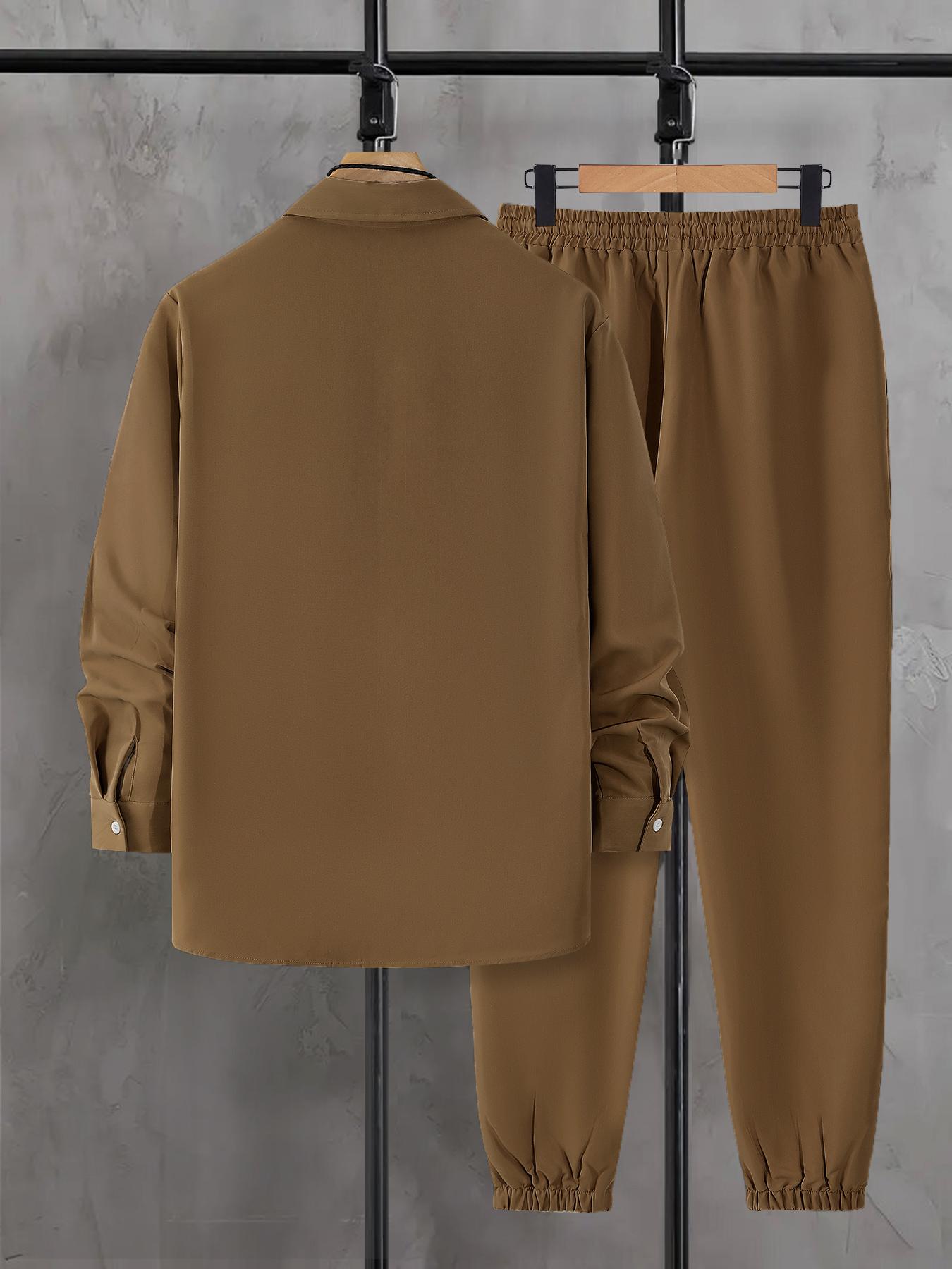 【Plus Size】 Men's Plaid Print Button Front Shirt & Drawstring Waist Pants Set, Regular Fit Casual Checked Long Sleeve Collared Top & Pocket Trousers, Men's Spring & Fall Clothes, Men's 2 Piece Set, Longsleeves Menswear