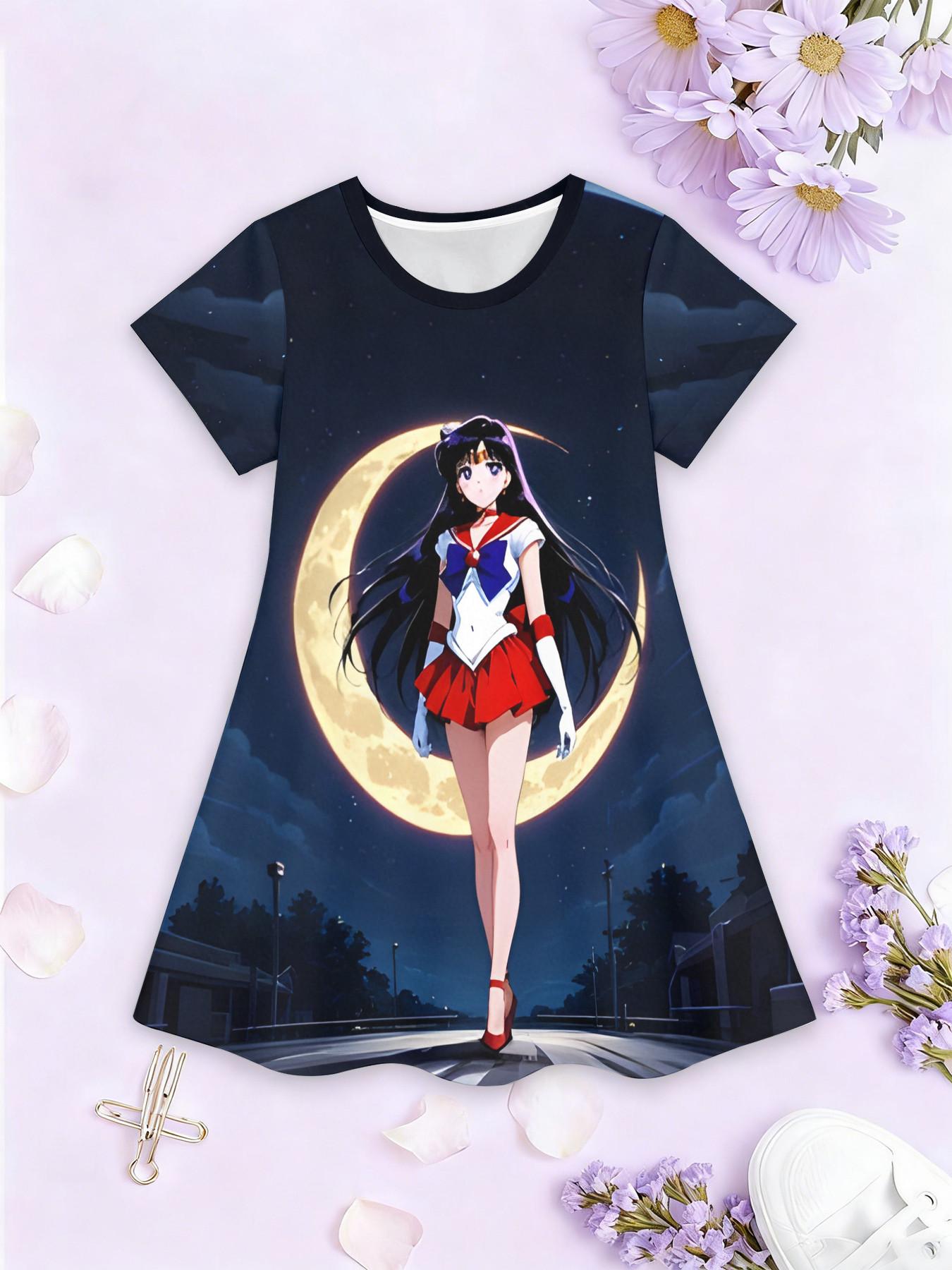 Girls' 3D Short Sleeve Dress, Sailor Moon Mars Full Moon Print, Perfect for Parties, Festive Gifts, Birthday Presents
