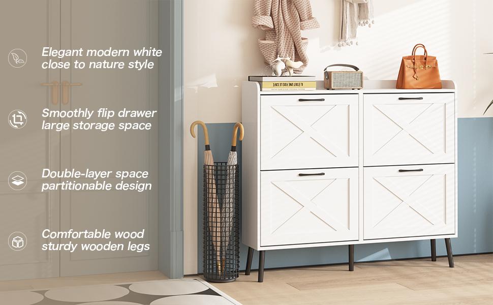 Vabches Large Shoe Cabinet with 4 Flip Drawers, Freestanding Shoe Organizer with Metal Drawer Bracket for Entryway