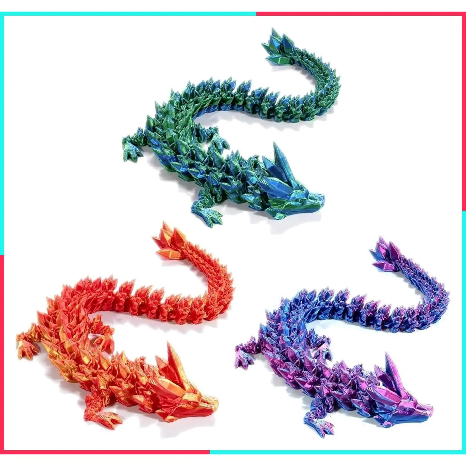 3D Printed Crystal Dragon 12 Inch 3 Pack - Flexible Articulated Fidget Toys for Autism/ADHD, Perfect Basket Stuffers (Purple+Green+Red)