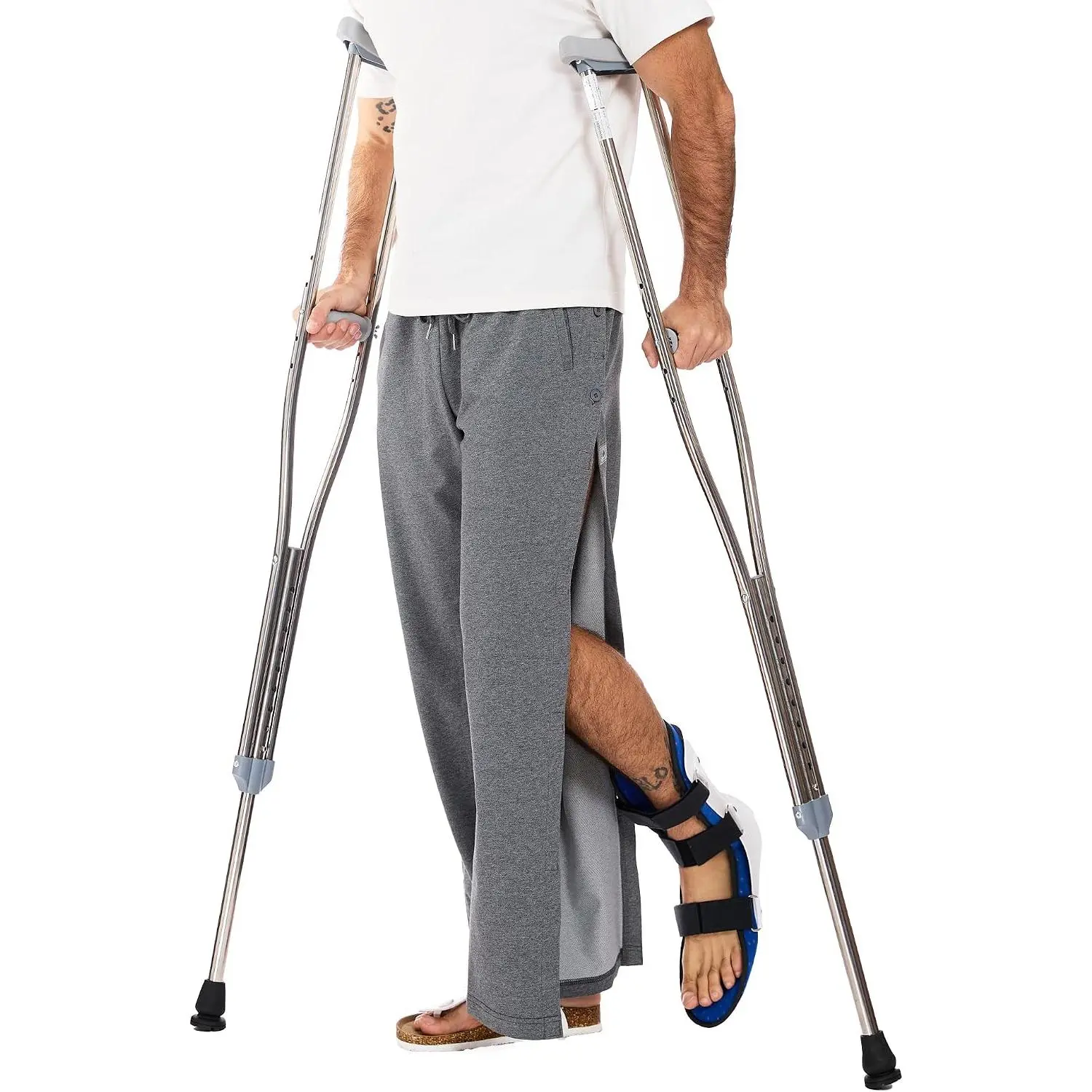 Men's Mid Rise Cotton Blend Magnetic Tear-Away Side Snap Open Pants - Catheter Adaptive, Post Surgery Knee & Ankle Rehab Recovery Wear, Machine Washable