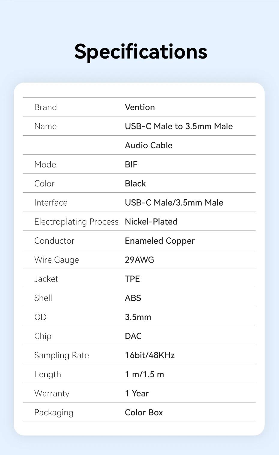 Vention USB-C Male to 3.5mm Male Jack Headphone Adapter Audio Cable with DAC Adapter Aux Audio All Earphone HiFi Splitter Cable 1m 1.5m