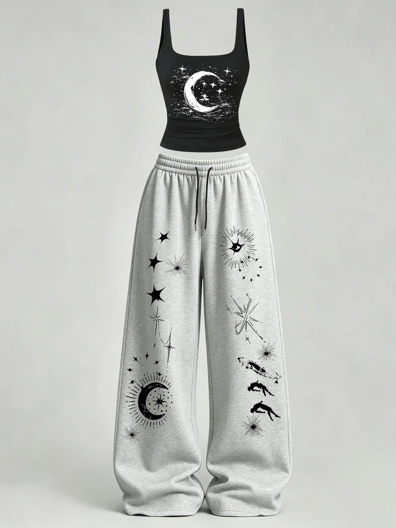 Women's Casual Home Wear Set, U-Neck Slim Fit Tank Top + Loose Pants, Star Moon Print, Y2K Street Style, Daily Commute, Campus, Home Relax, Casual Chic Set