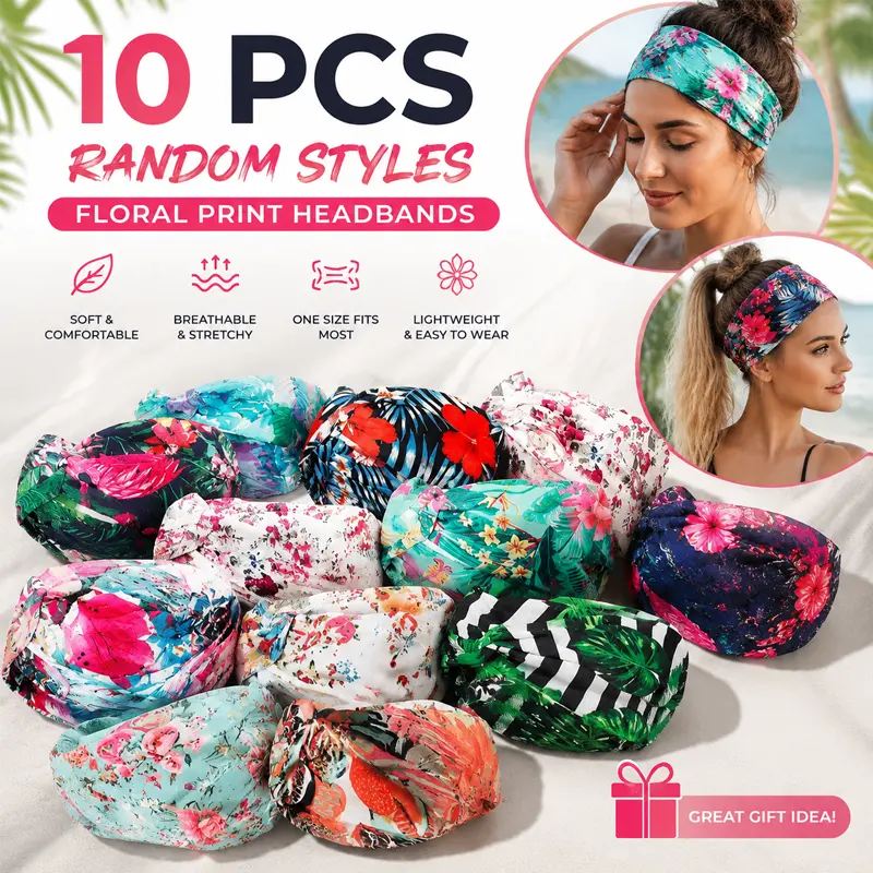 10Pcs/Pack Ladies' Elegant Sports Yoga Wide Edge Headband, Bohemian Colorful Print, Rose Pattern, Suitable for Beach Vacation, Daily Dress Headband
