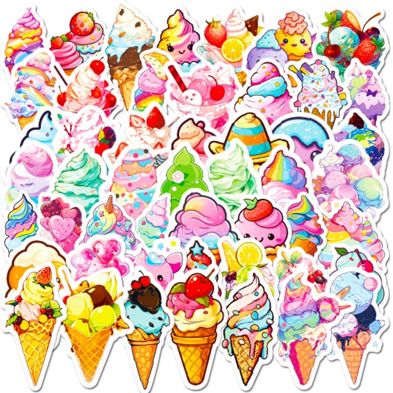 50 sheets colorful ice cream cone stickers, featuring an Instagram-inspired summer theme, showcasing cute designs of chocolate ice cream cones and graffiti-style stickers