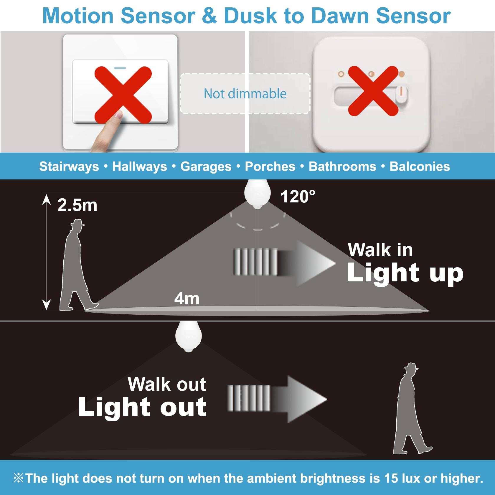 4-Pack Motion Sensor LED Light Bulbs A19 E26 9W PIR Built-in IR 6000K Cool White，60watt Equivalent Bright 900 Lumens for Garage, Closet,Porch, Stairs
