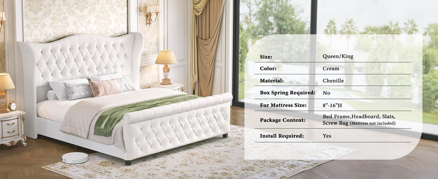 Queen King Size Chenille Upholstered Bed Frame, Sleigh Platform Bed Frames with 51" Tall Wingback Headboard & 27" Scroll Footboard, Button Tufted/No Box Spring Required/Wood Slats Support/Cream Queen King Size Chenille Upholstered Bed Frame, Sleigh Platform Bed Frames with 51" Tall Wingback Headboard & 27" Scroll Footboard, Button Tufted/No Box Spring Required/Wood Slats Support/Cream