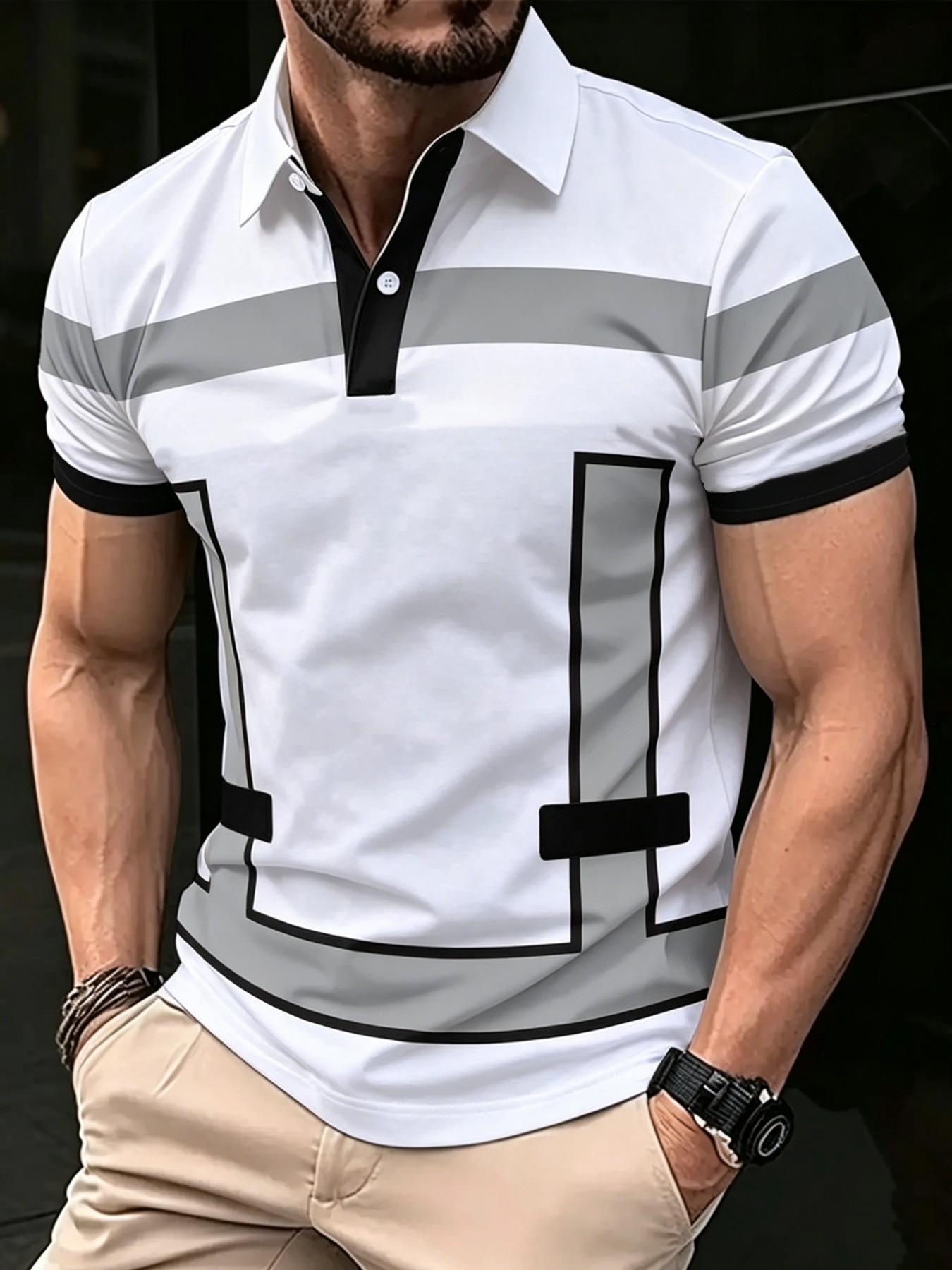 Men's Short Sleeve Polo Shirt, Casual 3D Print Golf Shirt, Striped Pattern, Sporty Style, Summer Fitted Top Men's Short Sleeve Polo Shirt, Casual 3D Print Golf Shirt, Striped Pattern, Sporty Style, Summer Fitted Top