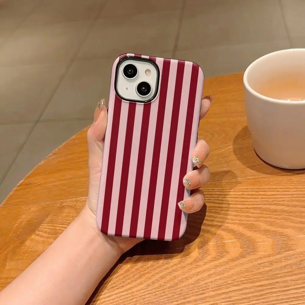 2-in-1 Glossy Film Silicone TPU Phone Case - Deep Red Vertical Stripe Vintage Fantasy Pattern, Shockproof Anti-Scratch Protection, Compatible with iPhone 17 Air E 16-11 Pro Max Plus & Samsung Galaxy S25 S24 Plus S22+ Ultra FE Edge