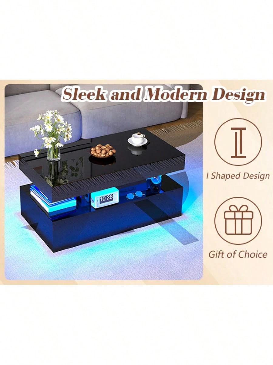 Living Room Coffee Table With LED Light, Modern High Gloss Center Table With Storage