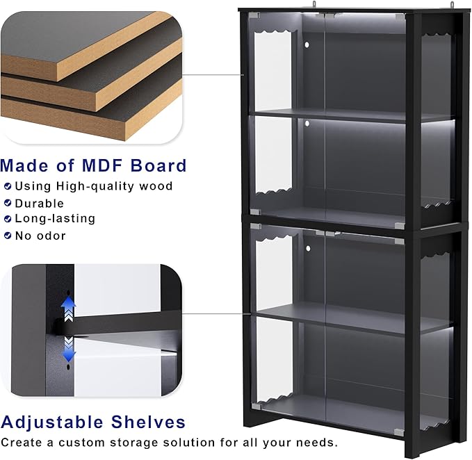 Display Cabinet with Glass Doors, 63” 4-Tier Wood Display Case with RGB Lights for Collectibles, Tall Curio Cabinet Anti-Tipping with Adjustable Shelves, Storage Cabinets for Living Room