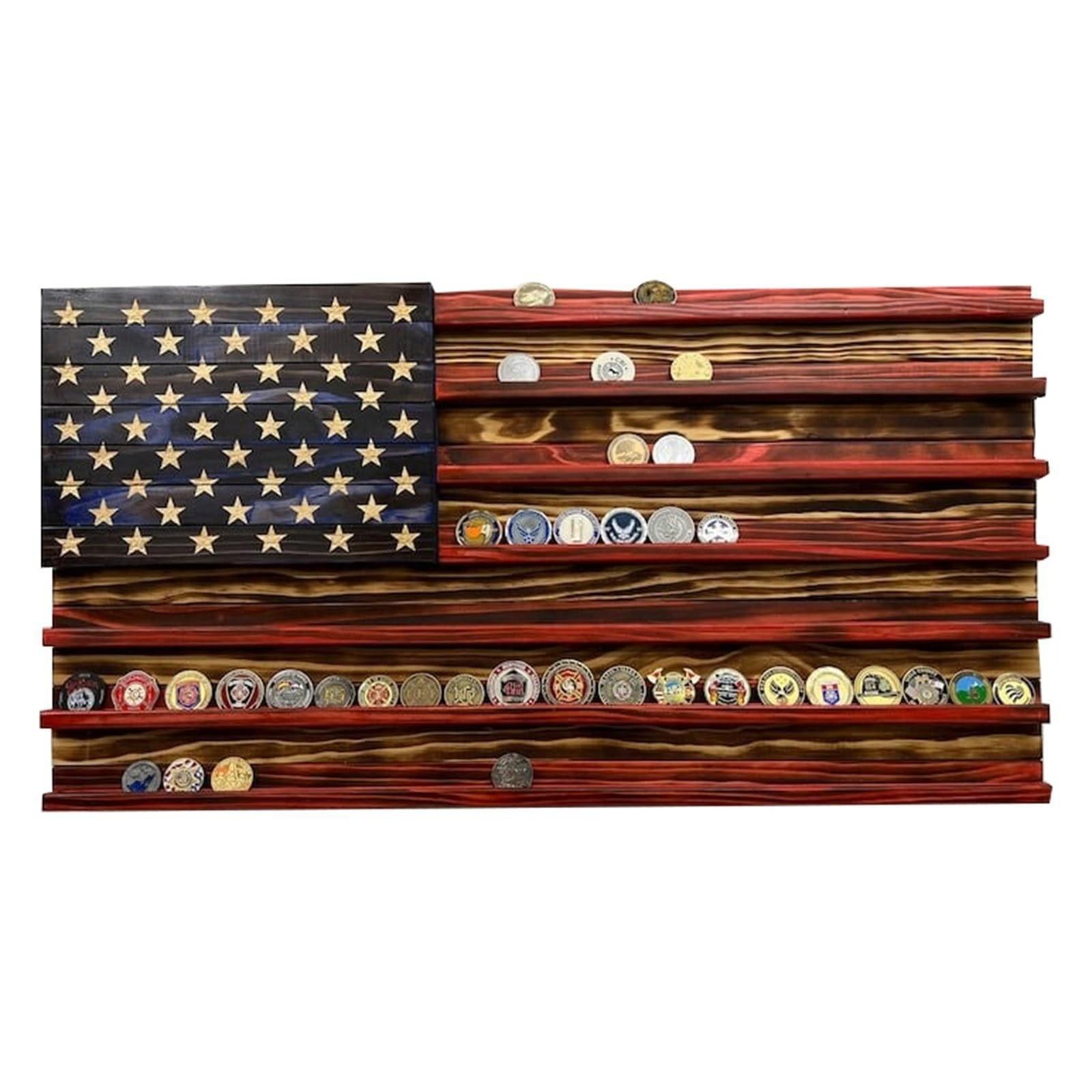 Unique Handcrafted Wooden American Flag Challenge Coin Display, Perfect for Firefighters, Police, and Military Enthusiasts