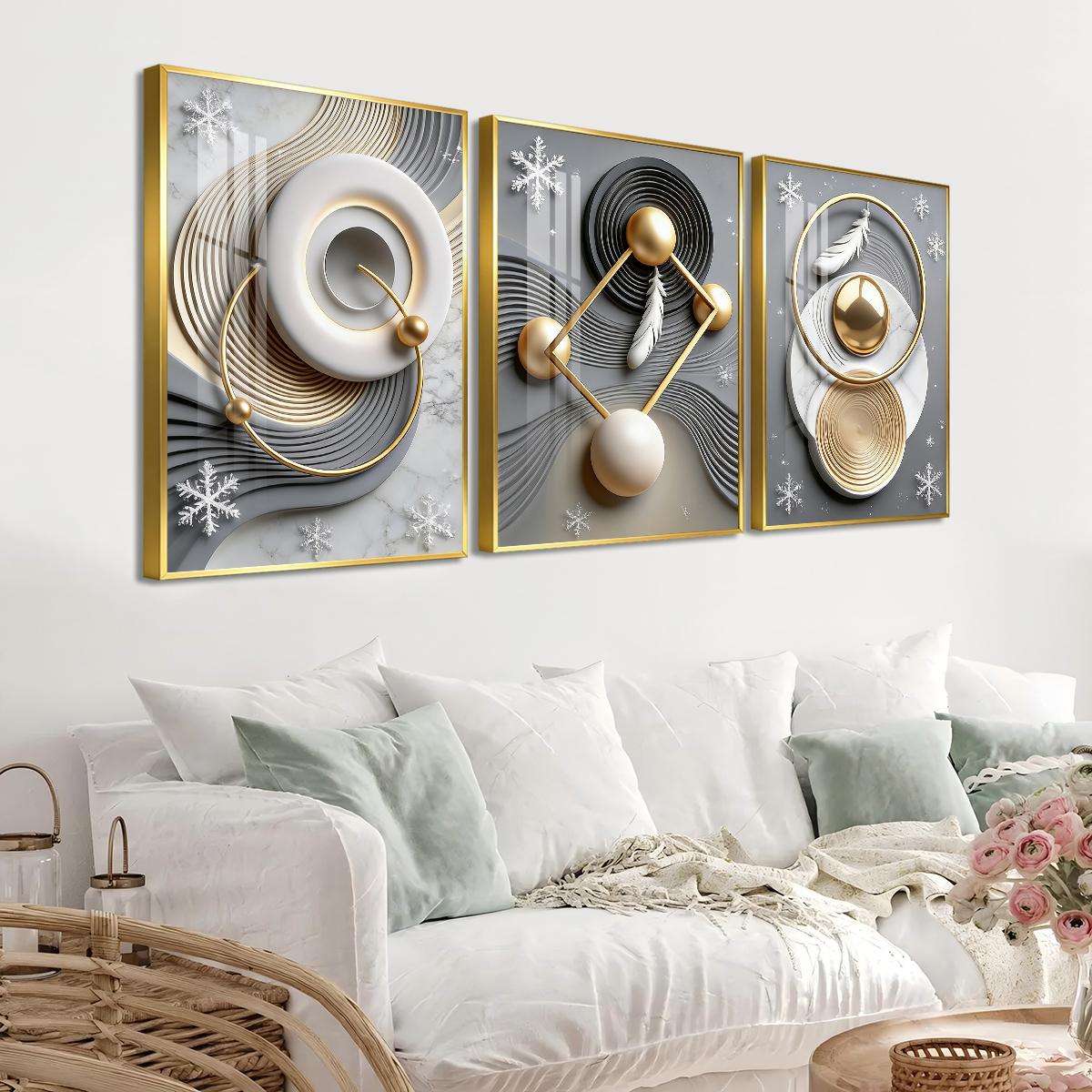 3 Counts Aluminum Alloy Framed Painting, Abstract Geometric Gold Feather Art Pictures, Home Decoration For Living Room, Bedroom, Office, Restaurant, Hallway Wall Decor, Odorless Print Artwork, Luxury Perfect Gift For Friends And Family