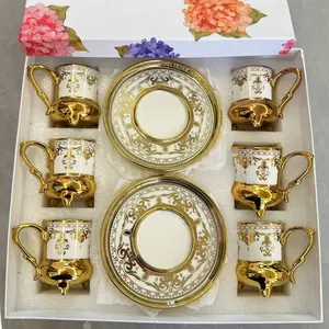 1/6set Luxury Gold Rim Ceramic Coffee Cup Set, Coffee Cup Saucer, 90ML Arab Style, Perfect for Cappuccino, Latte, Mocha, Milk, Office Decor, Mother's Day Gift