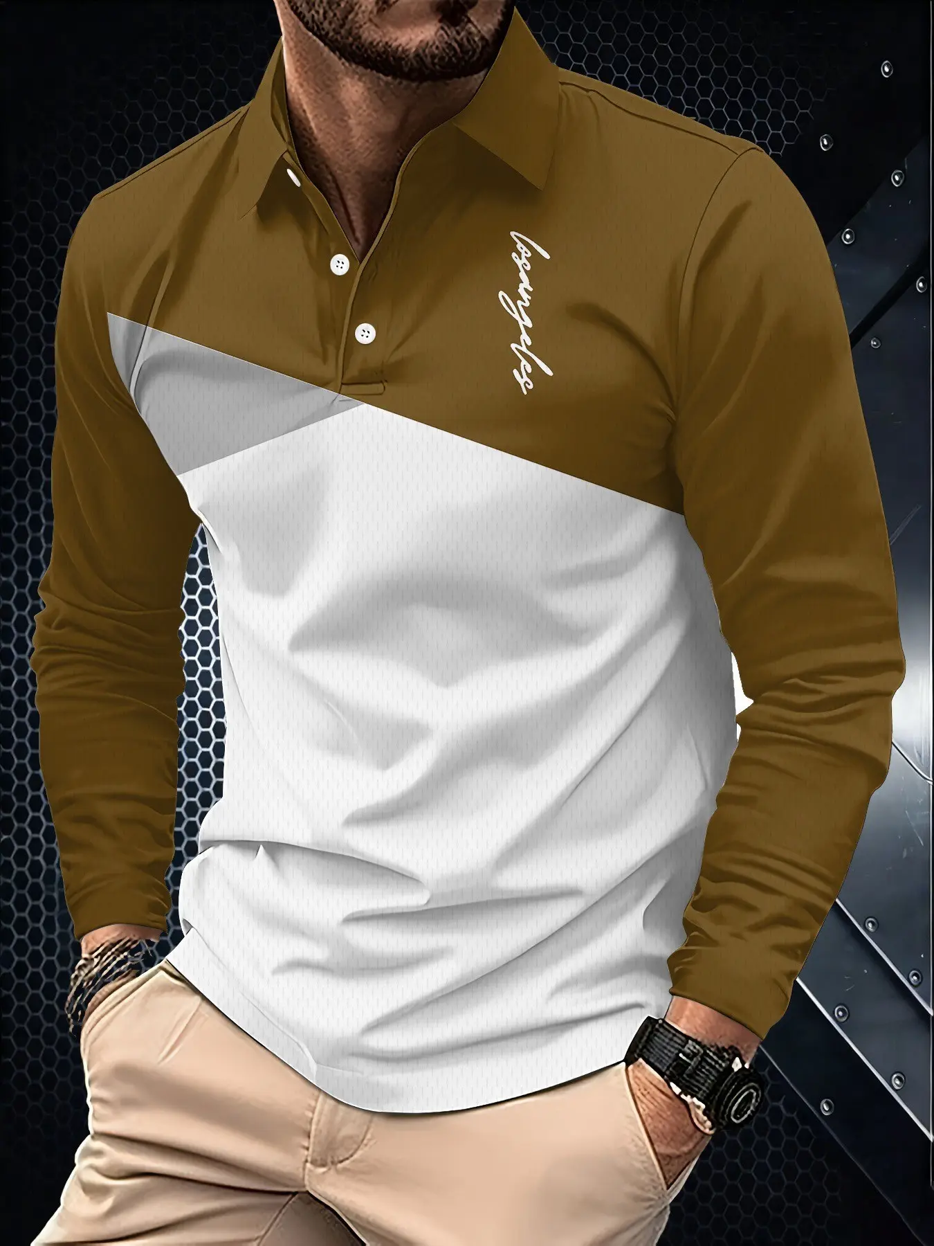 Men's long sleeved polo shirt, slanted cut layered contrasting color with cursive English logo, breathable lightweight business daily top