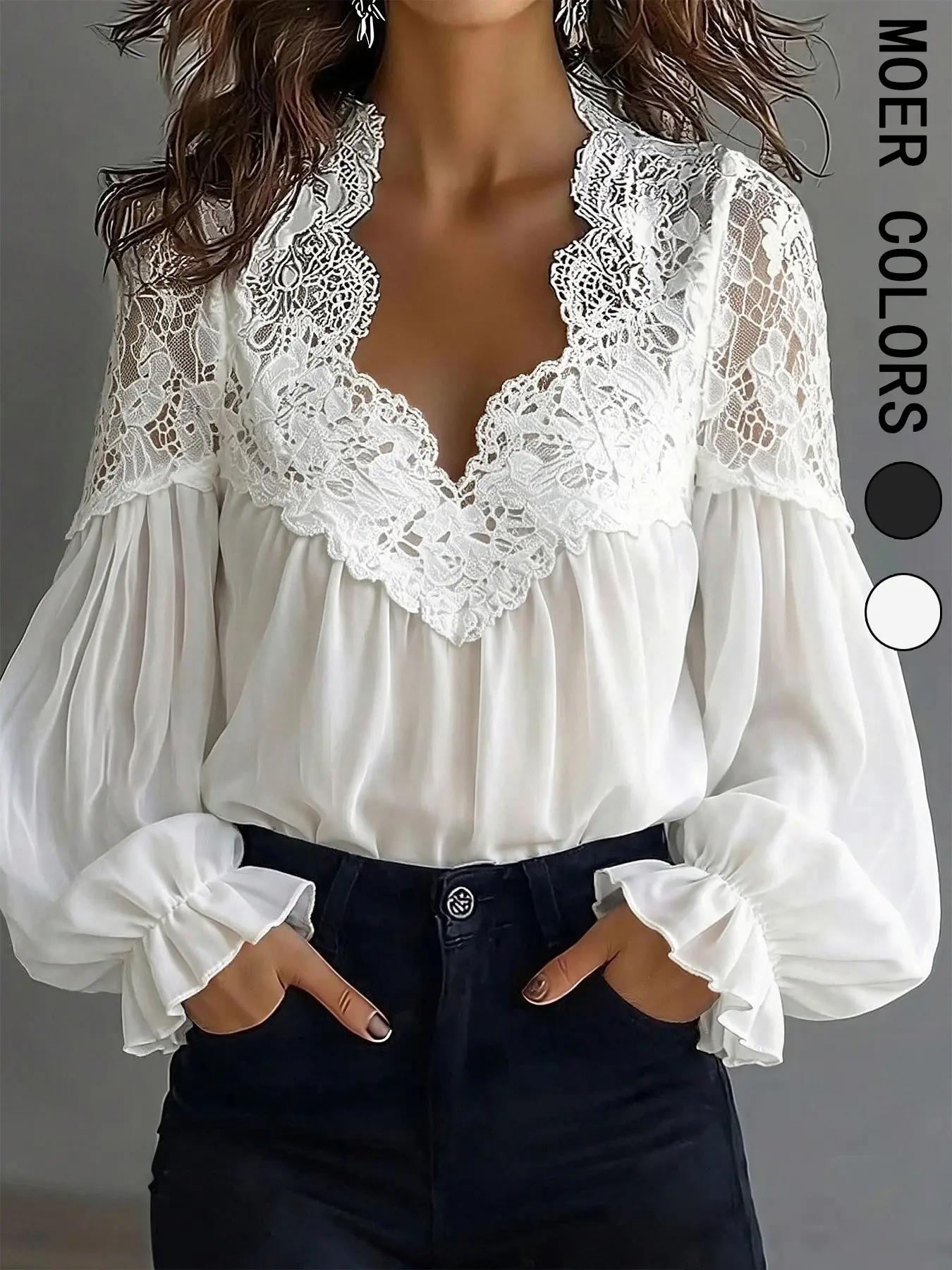 Women's Lace Trim V-Neck Shirt Blouses, Transparent Sheer Chiffon Material, Lantern Sleeve Ruched Hem Top, Elegant Chic and Stylish Upperwear
