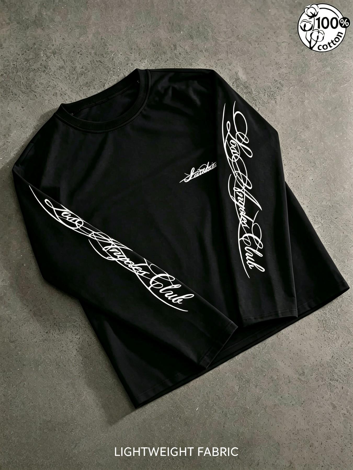 Unisex 100% Cotton Multi-Color Vertical Sleeve Script Lettering Long Sleeve Tee Mini Chest Logo Chicano American Streetwear Oversized Casual Top