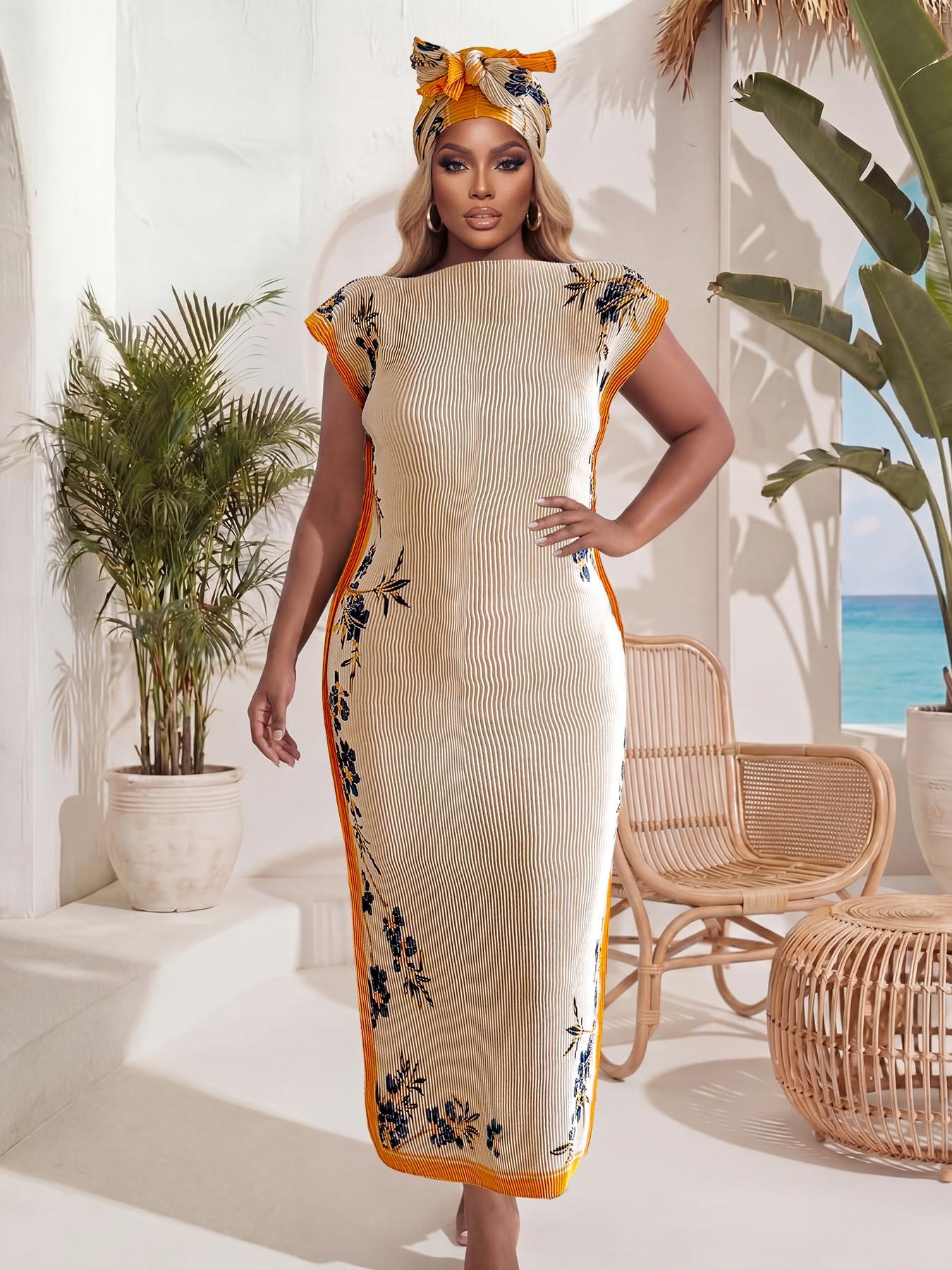 Elegant Ruffled Slim Fit Long Dress Set, Floral Print Shawl Scarf + Silk Ribbon, Women's Beach Sun Protection Wrap, All Seasons