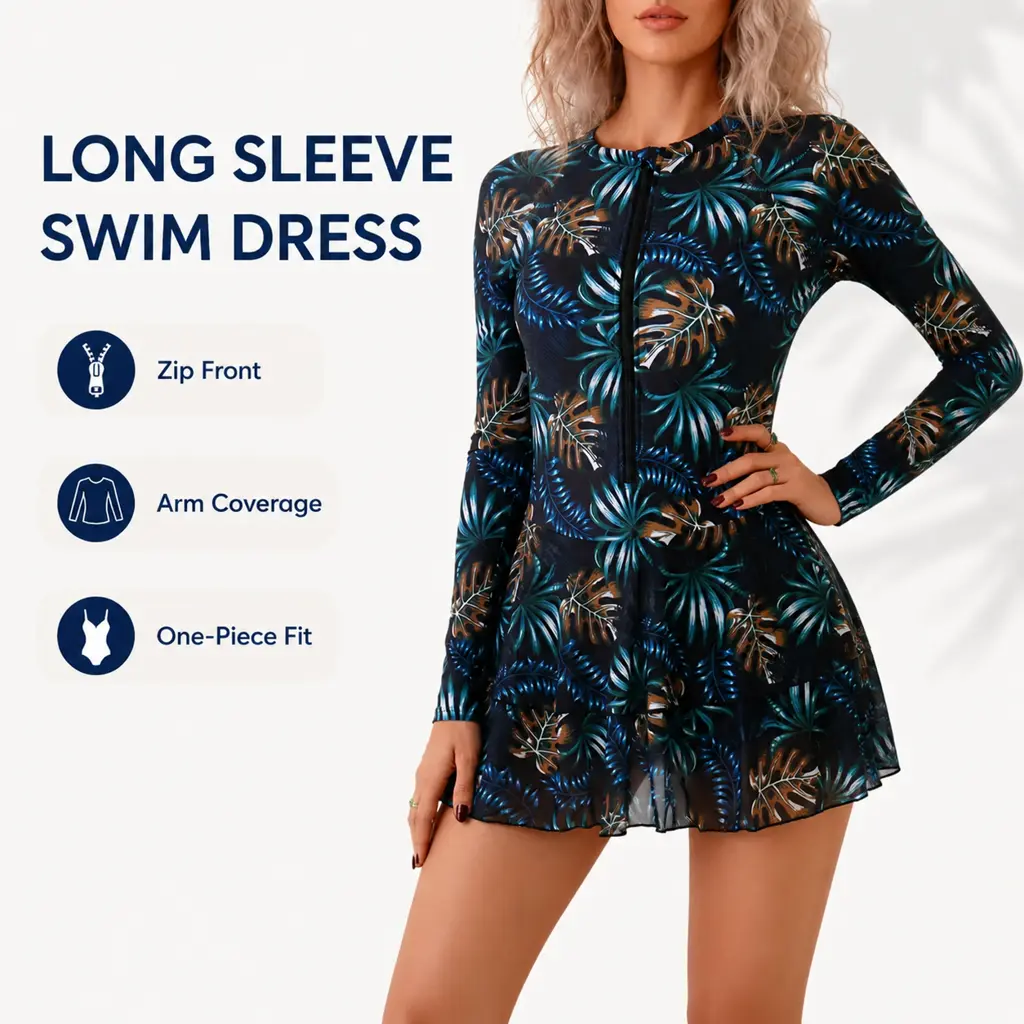 Women’s Long-Sleeve Zip-Front Rash Guard Swim Dress, Modest Full-Coverage Tropical Print 1-Piece with Ruffle Skirt for Beach Vacation, Surfing