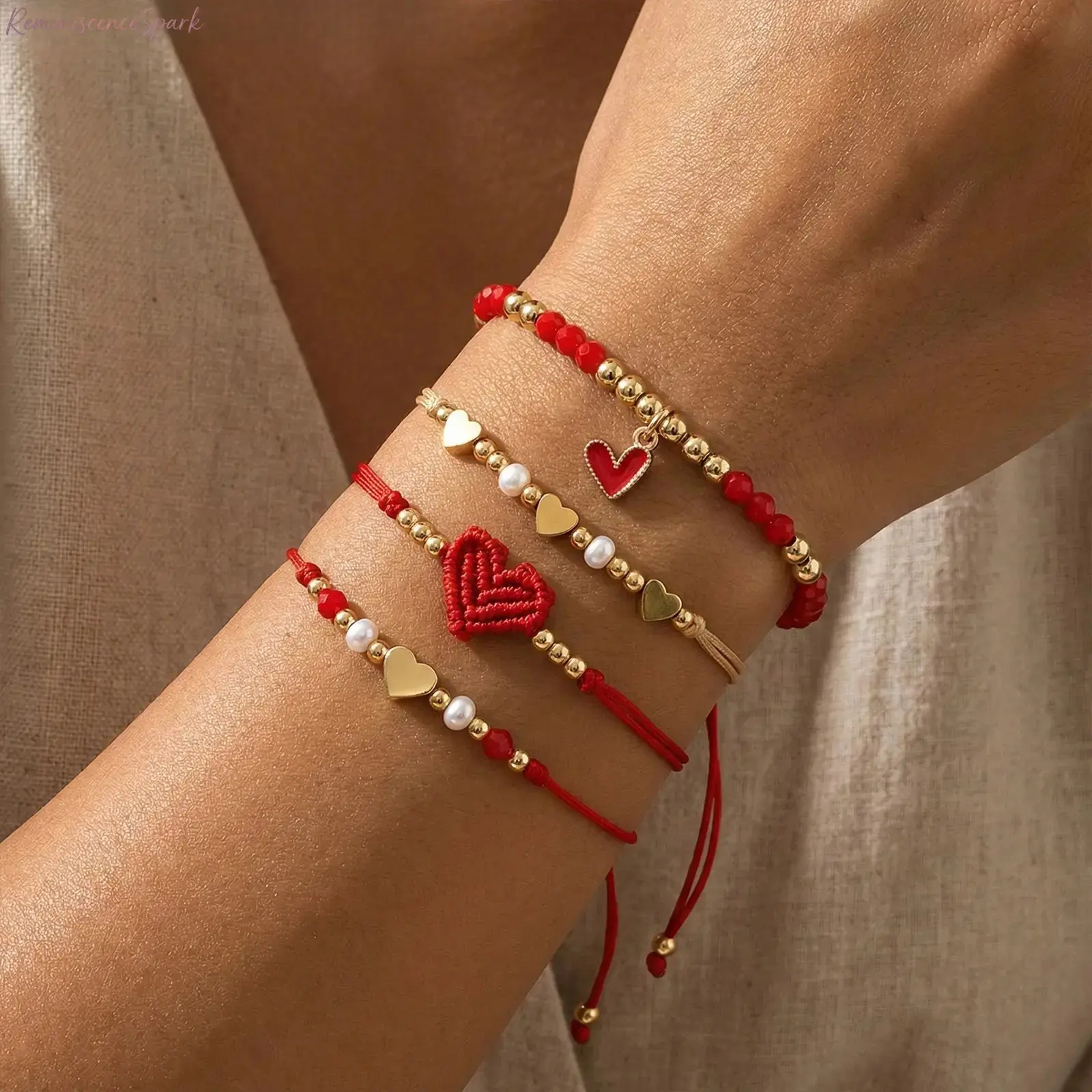 Unisex Gold-Plated Heart Charm Bracelet Set, Red Braided Cord With Pearl Accents, Adjustable Stackable Beaded Bangles, Trendy Modern Wrist Jewelry, Versatile Accessory for Daily Wear & Outfit Styling