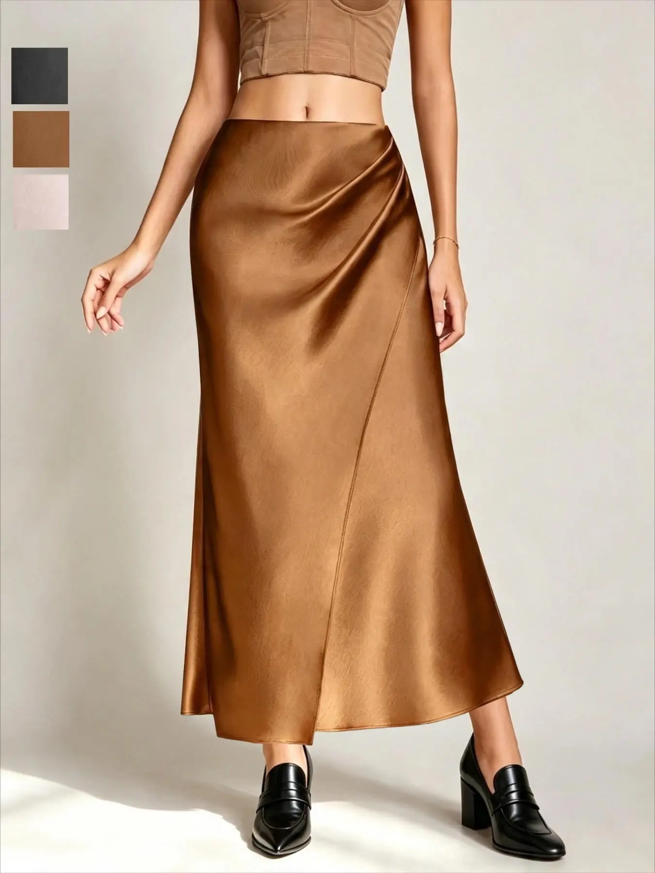 Elegant Chic Pleated Satin Midi Skirt Bottom, Elastic Waist, Solid Color, Office Wear, Fashionable Daily Commute Dress, New Arrival 2026