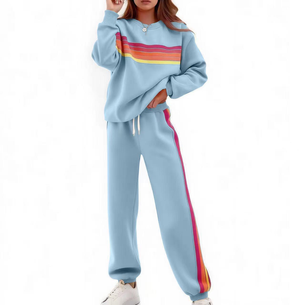 Women's 2-Piece Casual Street Chic Set - Long Sleeve Round Neck Sweater, Color Bar Loose Elastic Waist Pants, 2 Piece Pants Set Women, Loose-Fit