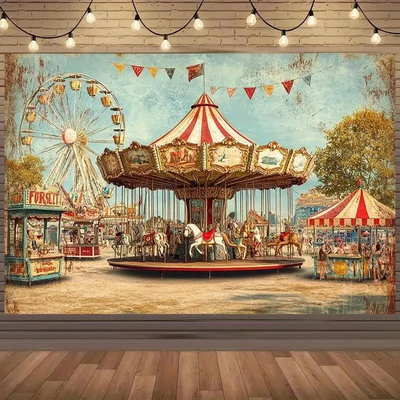 Retro carnival background with carousels, Ferris wheels and hunting - retro party decorations for weddings and birthdays