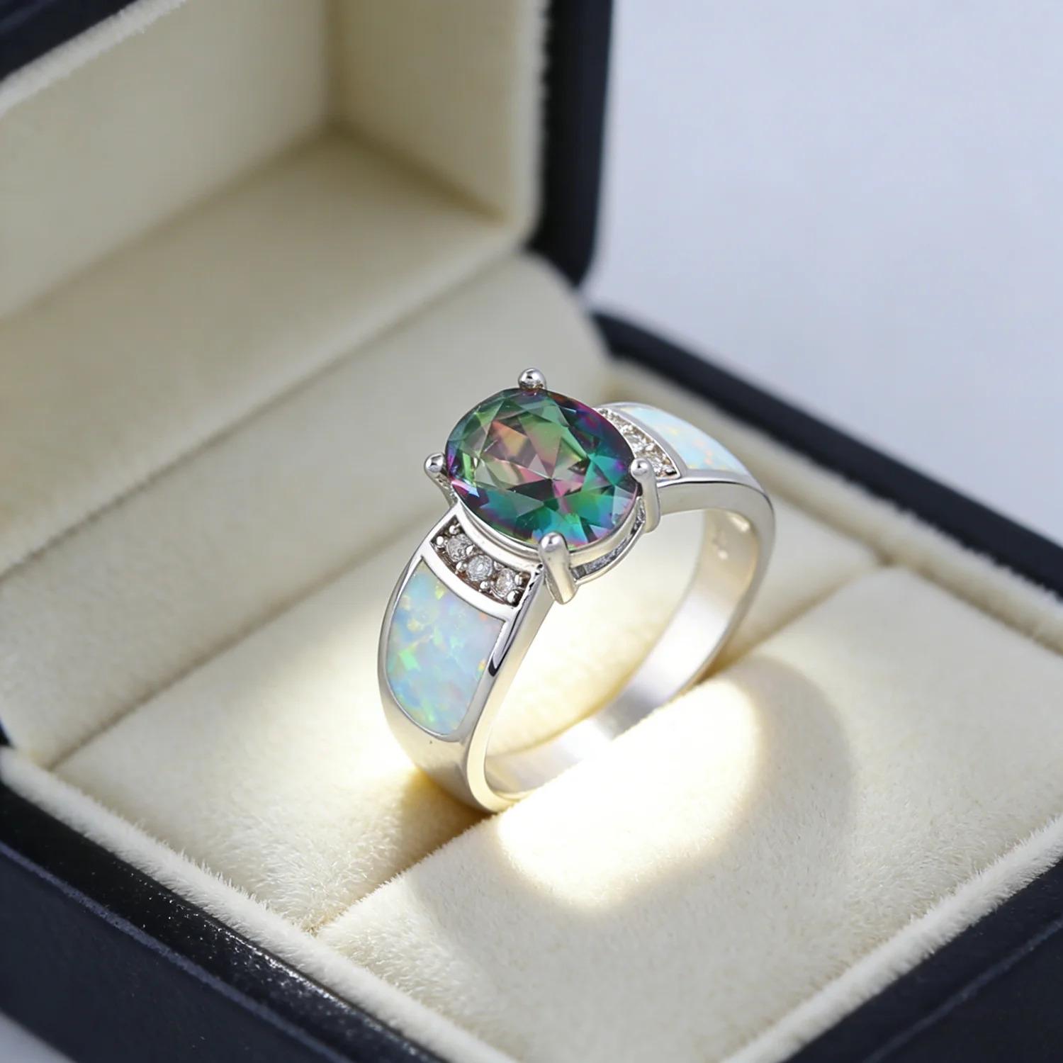 White K Plated Synthetic Fire Opal Colorful Zircon Fashion Jewelry For Women Cocktail Ring Anniversary Gifts for Her