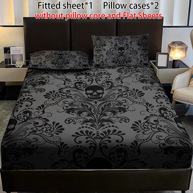 3 Pieces Black Skull Floral Fitted Sheet Set (1 Fitted Sheet + 2 Pillowcases without Pillows) High-Definition Digital Printing, Trendy Cool Bedroom Infused with Gothic Romance, Unlocks Niche Trendy Bedroom Style Bedding Accessories
