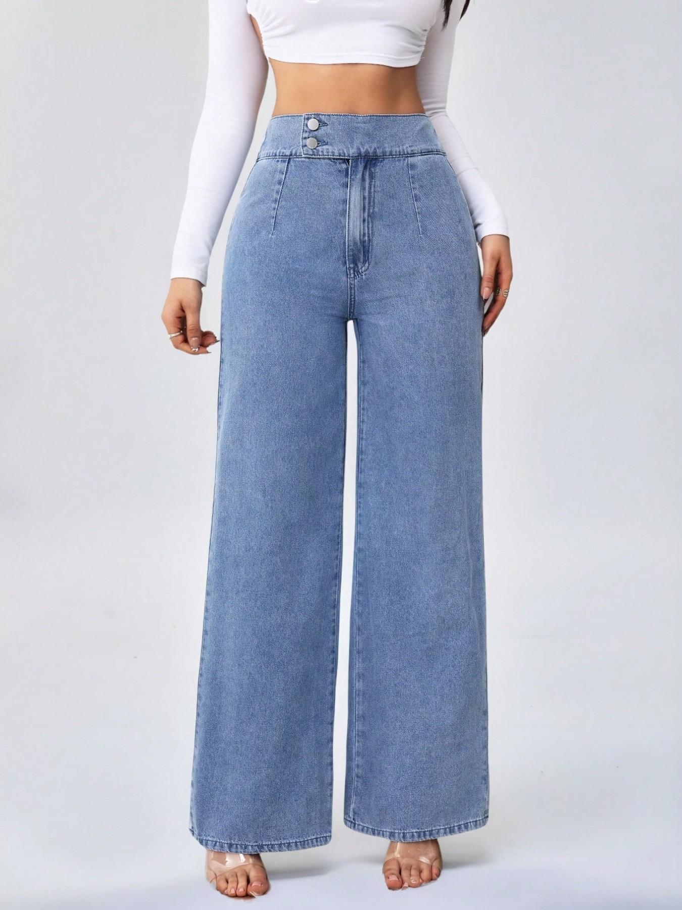 Women's Vintage Elegant High Waist Wide Leg Jeans, Button Front Elastic Waist Loose Fit, Casual Fashion Pants for All Seasons