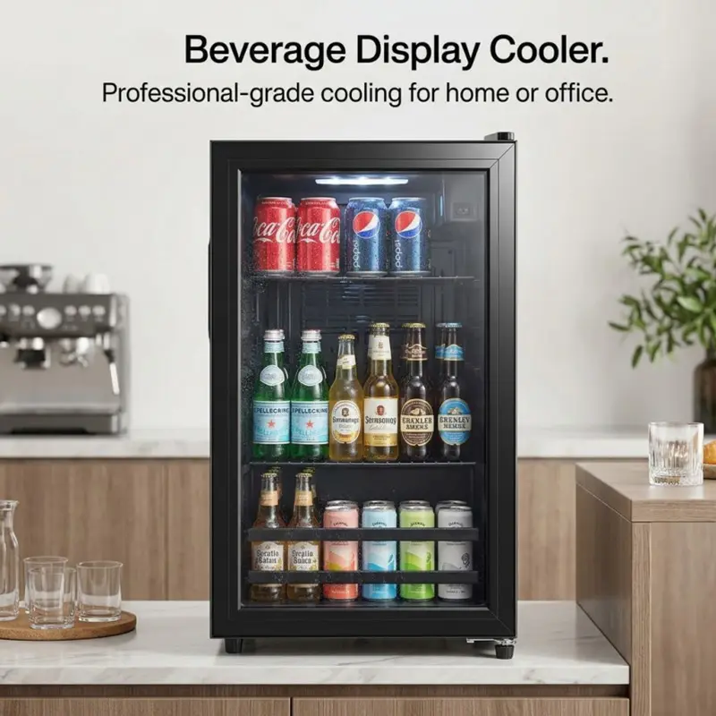 120 Can Beverage Fridge with Glass Door | Mini Beer & Soda Cooler for Home Bar, Man Cave, Office | Quiet, LED Light, Adjustable Shelves | Black Freestanding Drink Refrigerator