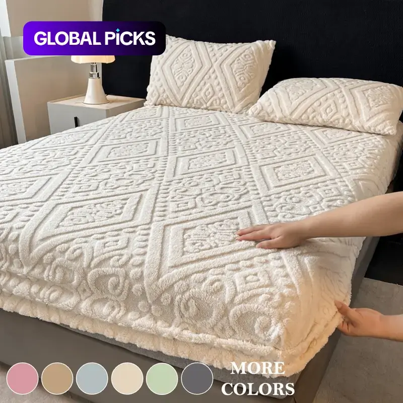 European Damask Embossed Plush Fleece Fitted Sheet Set, Ultra Soft Warm Mattress Cover & Decorative Mattress Protector, Deep Pocket with All-Around Elastic, 2/3-Piece Bedding with 1 Fitted Sheet and 1 or 2 Pillowcases for Bedroom, Dorm & Guest Room