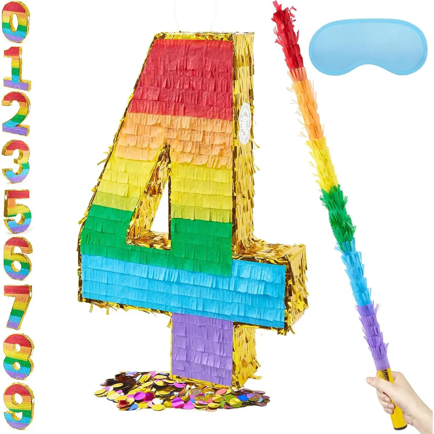 20-Inch Rainbow Number 4 Piñata Pack with 30-Inch Piñata Stick, Blindfold, Confetti for Kids' Birthday Party, Anniversary Fiesta Decorations