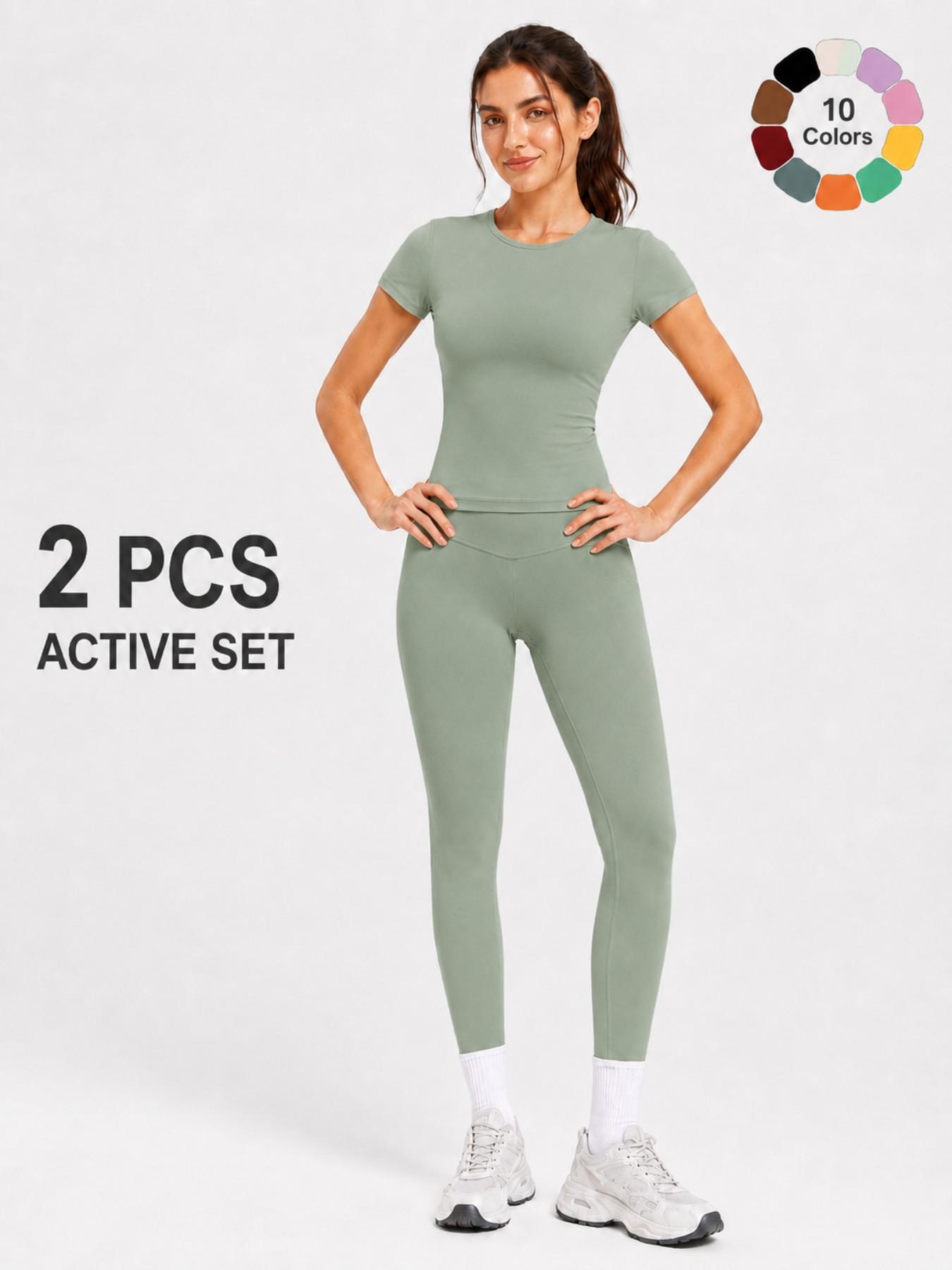 Women's 2 Piece Workout Outfit Sets, Short Sleeve Crew Neck Crop Top & High Waist Yoga Leggings, Casual Athletic Fitness Activewear Tracksuit