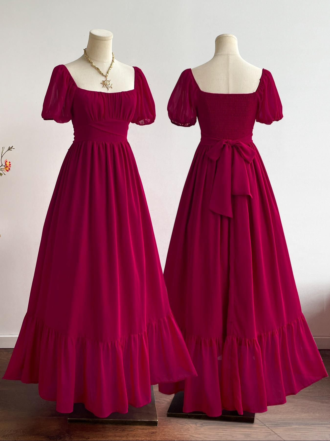 Women's Bohemian Vacation Elegant Chic Casual Waist-Tied Chiffon Woven Floral Long Short Sleeve Ruffle Hem Dress, All Seasons Fitted Style