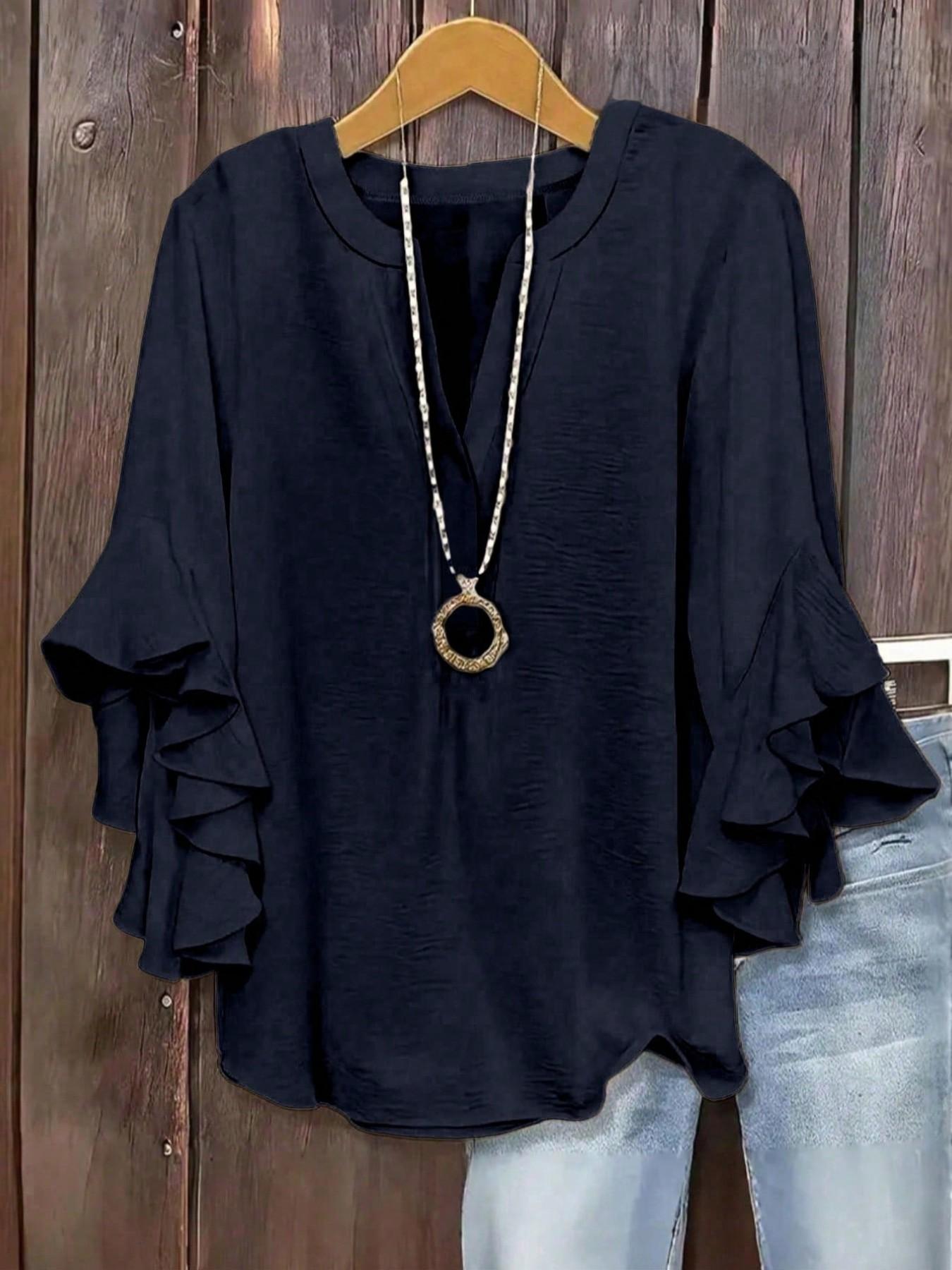 Plus Size Women's Ruffle Sleeve Notched-Neck Fitted Blouse, Elegant Comfortable and Stylish Solid Color Top, Perfect for Casual Wear