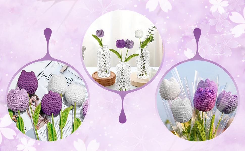 LuneLingerie 12-Pcs Handmade Crochet Tulip Flower Bouquet without Vase, Artificial Flower Bouquet, Mother's Day Gifts, Fall Room Decor, Summer Tulips Artificial Decorative, Home Centerpieces Decor Wedding Anniversary