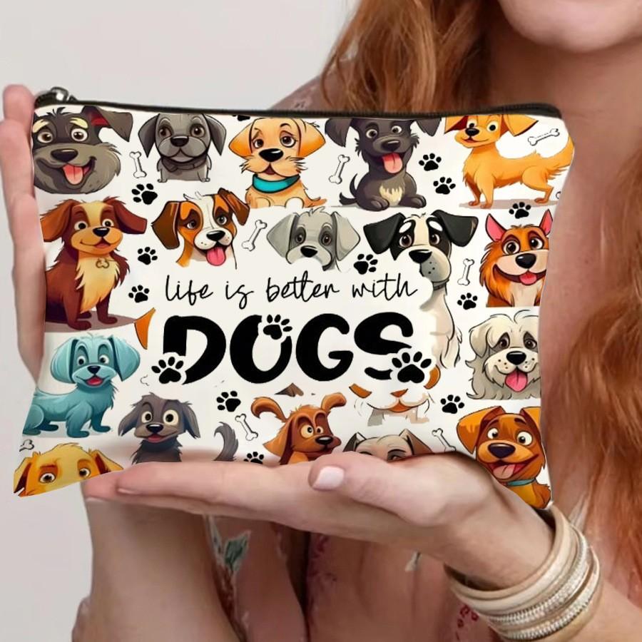 Women's Dog Print Makeup Bag, Travel Cosmetic Organizer, Portable Toothbrush Case, Large Capacity Zipper Design, Perfect Gift
