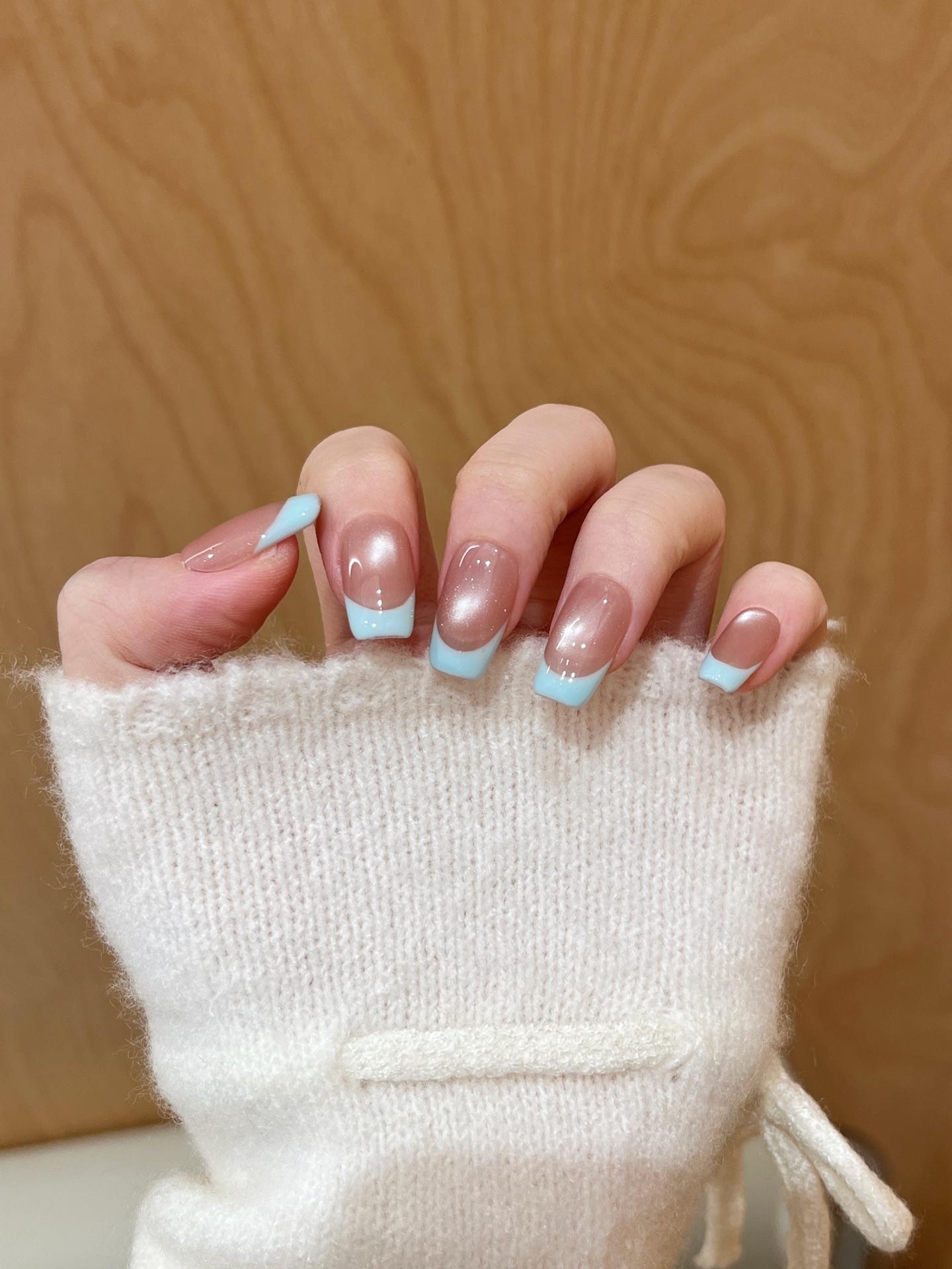Mega Sale handmade Baby Pink & Blue French Tip design glossy Press On Nails - Short Square Cat Eye Glue On y2k Nails, Reusable acrylic False Nails art set for Women Daily & Party fake nail diy nail art gift