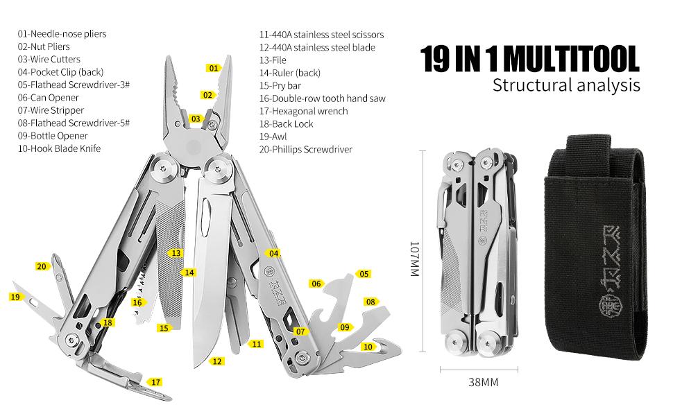 Xhandle MT-01 19-in-1 Multitool with Folding Pliers 440A Scissors Saw Screwdrivers Ruler Openers & Outdoor Camping Tool Compact Lightweight EDC